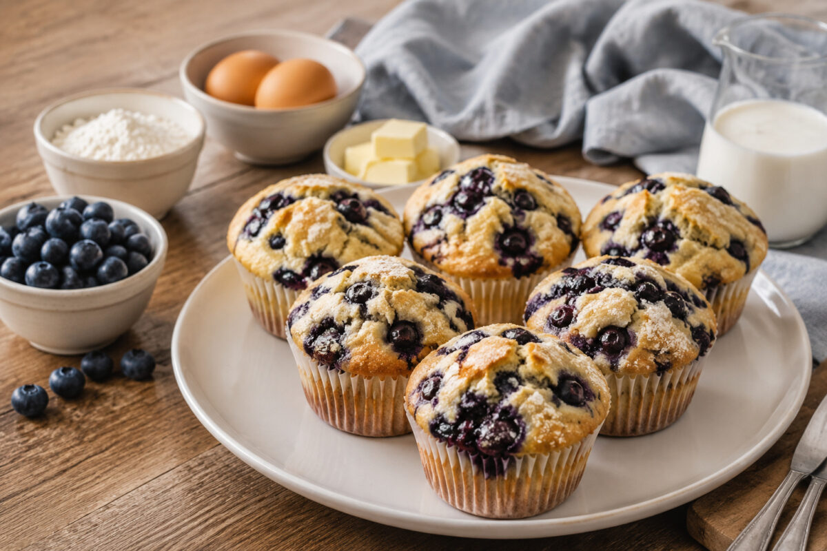 Hauptansicht des fertigen Gerichts. Rezept: Heidelbeer-Muffins