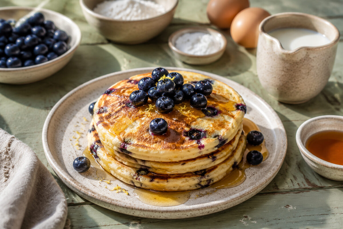 Hauptansicht des fertigen Gerichts. Rezept: Heidelbeer-Pancakes mit Zitronenabrieb