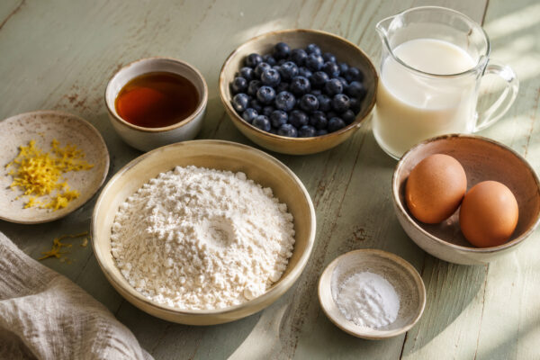Zutaten- und Vorbereitungsansicht. Rezept: Heidelbeer-Pancakes mit Zitronenabrieb