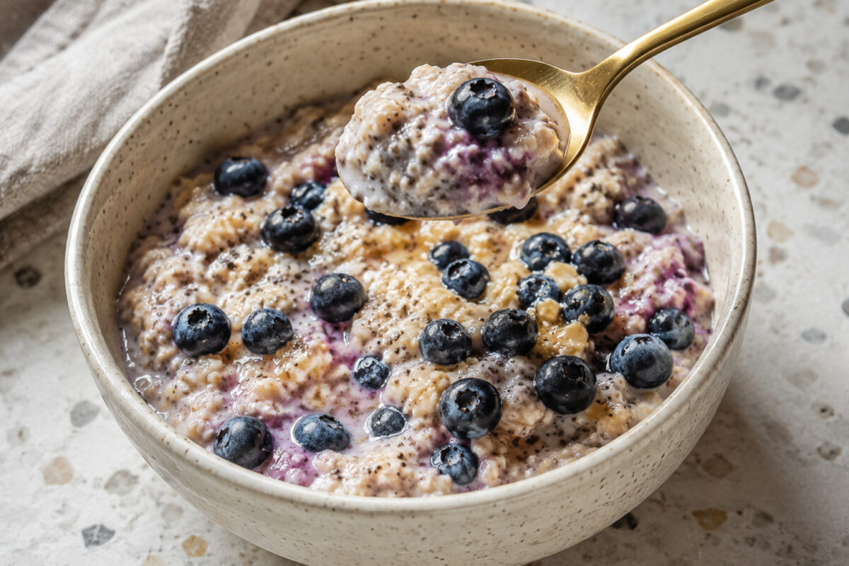 Servierszene mit dem fertigen Gericht. Rezept: Heidelbeer-Vanille-Porridge mit Chiasamen