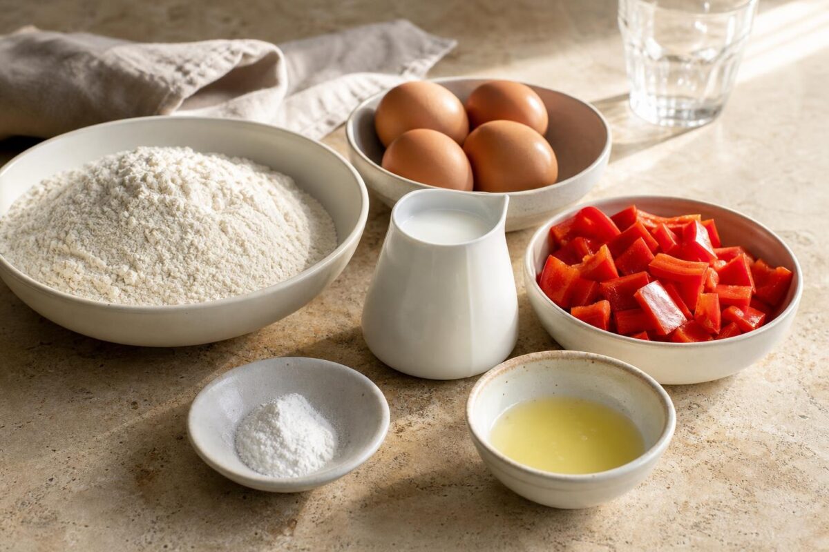 Zutaten- und Vorbereitungsansicht. Rezept: Herzhafte Muffins mit Paprika und Kräutern