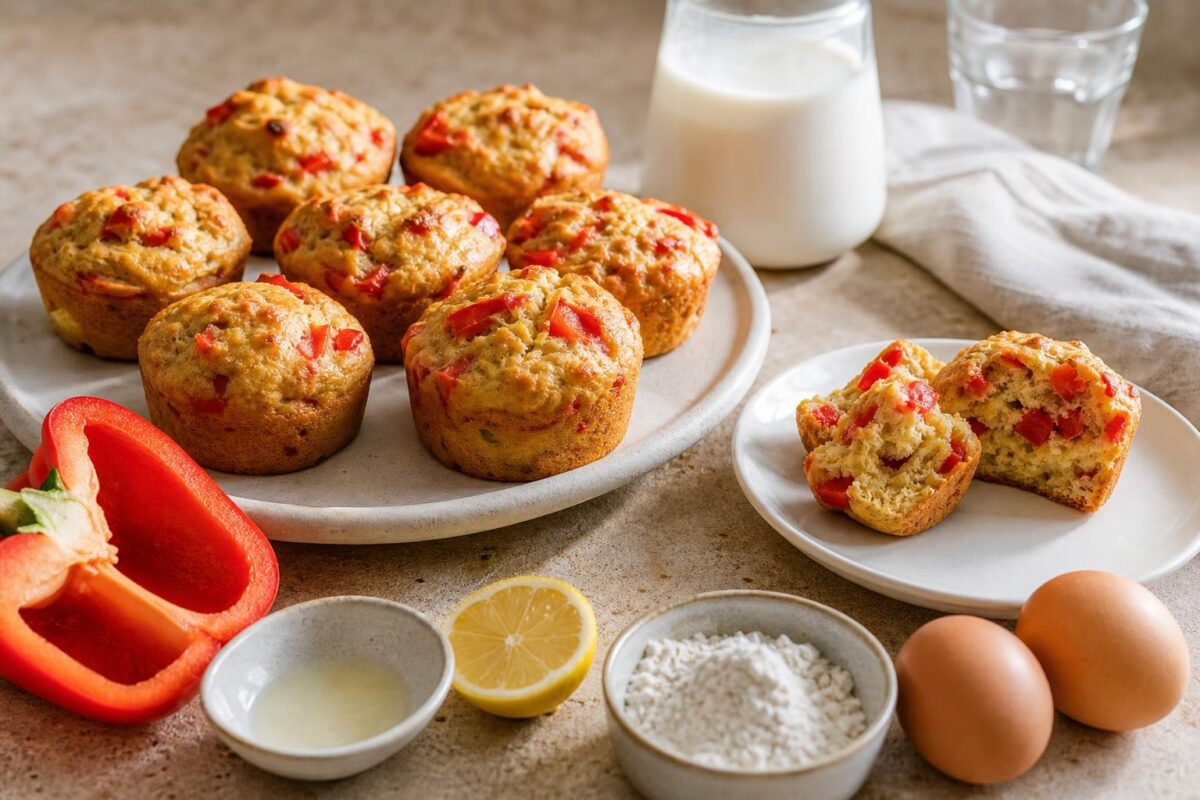 Servierszene mit dem fertigen Gericht. Rezept: Herzhafte Muffins mit Paprika und Kräutern