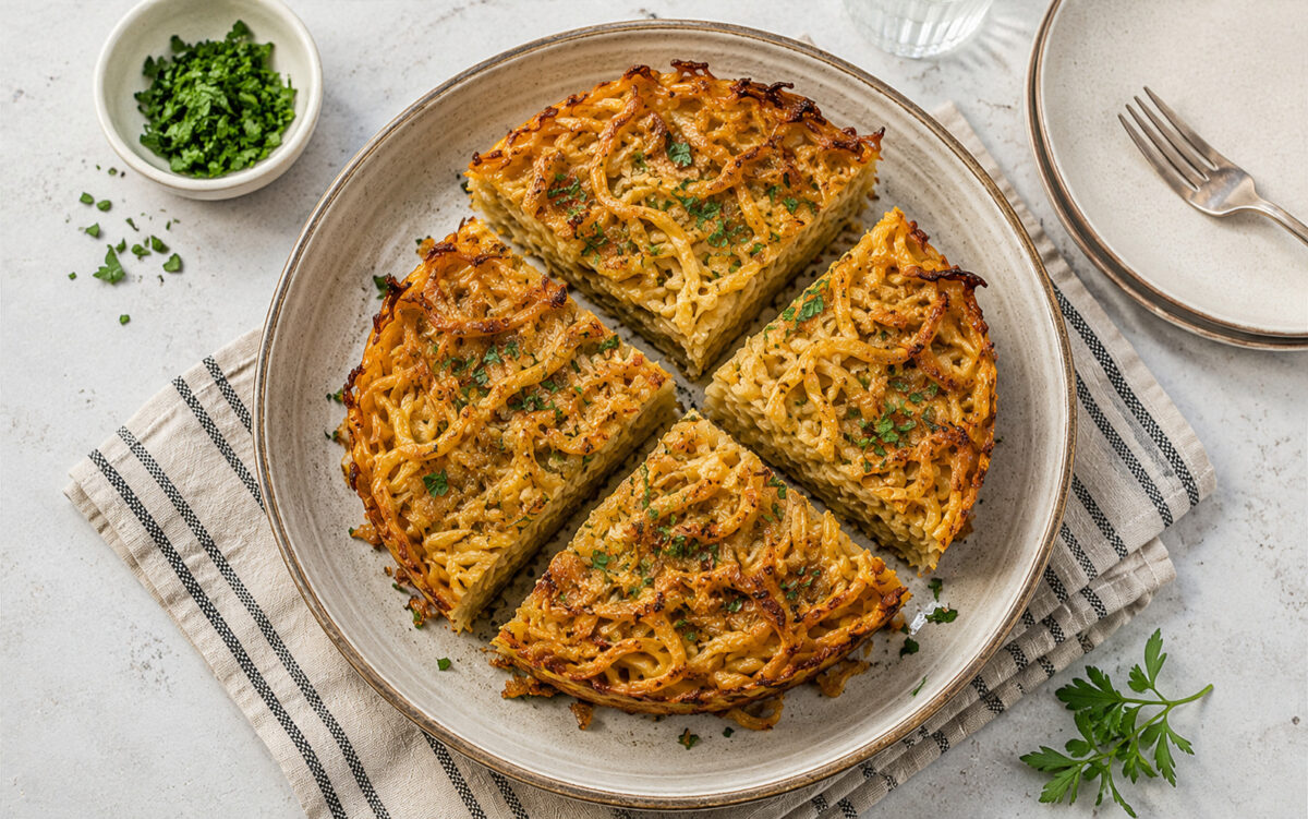Draufsicht auf den fertig gebackenen herzhaften Nudel-Kugel in derselben flachen hellbeigen gesprenkelten Keramikschale, in mehrere Stücke geschnitten, mit goldbrauner Oberfläche, gebräunten Zwiebeln und Petersilie.