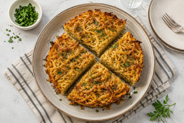 Draufsicht auf den fertig gebackenen herzhaften Nudel-Kugel in derselben flachen hellbeigen gesprenkelten Keramikschale, in mehrere Stücke geschnitten, mit goldbrauner Oberfläche, gebräunten Zwiebeln und Petersilie.