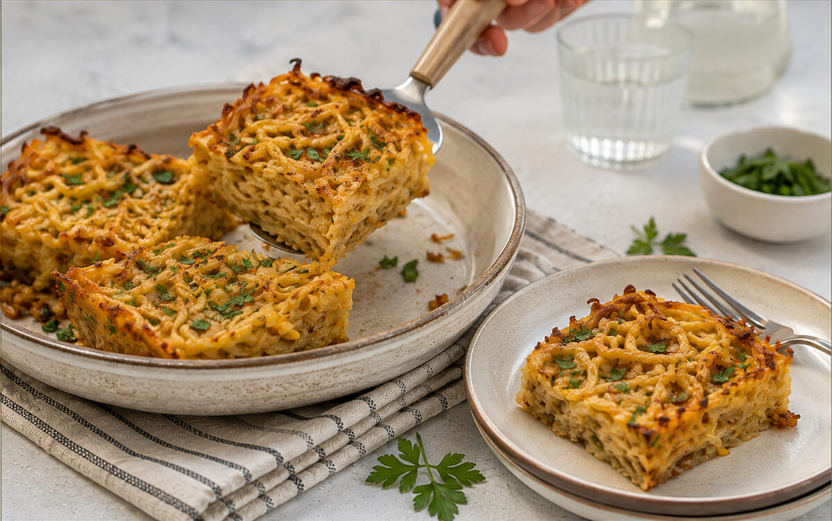 Serviersituation mit einer Portion Nudel-Kugel, die mit neutralem Servierbesteck aus derselben Keramikschale angehoben wird; daneben liegt ein einzelnes Stück auf einem neutralen Teller, die knusprige Oberfläche und die breiten Nudeln bleiben klar sichtb…