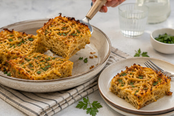 Serviersituation mit einer Portion Nudel-Kugel, die mit neutralem Servierbesteck aus derselben Keramikschale angehoben wird; daneben liegt ein einzelnes Stück auf einem neutralen Teller, die knusprige Oberfläche und die breiten Nudeln bleiben klar sichtb…