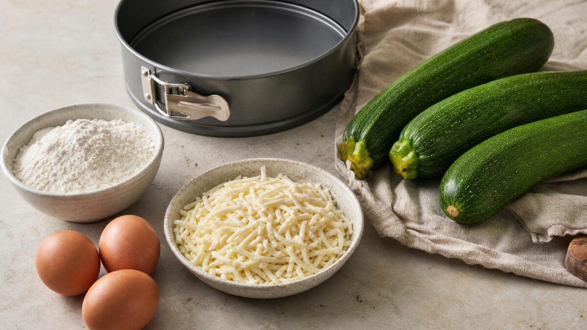 Zutaten- und Vorbereitungsansicht. Rezept: Herzhafter Zucchini-Kuchen