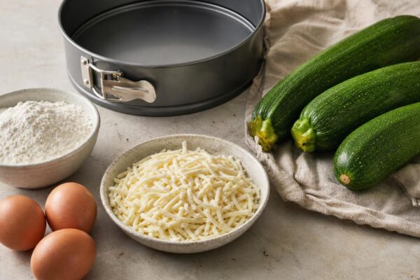 Zutaten- und Vorbereitungsansicht. Rezept: Herzhafter Zucchini-Kuchen