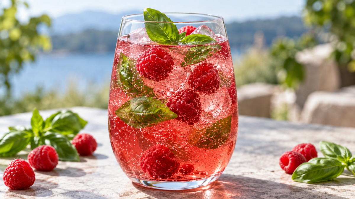 Himbeer-Basilikum-Spritz: Fertiges Getränk als zentrales Hauptmotiv.