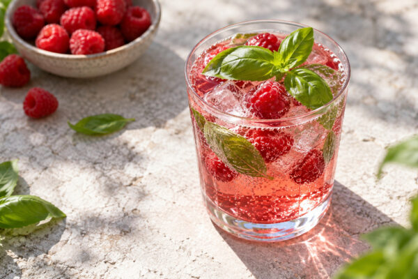 Himbeer-Basilikum-Spritz: Fertiges Getränk aus einer alternativen Perspektive.