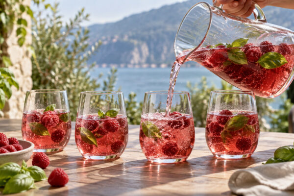 Himbeer-Basilikum-Spritz: Alternative Anrichtung oder aktive Servierszene.