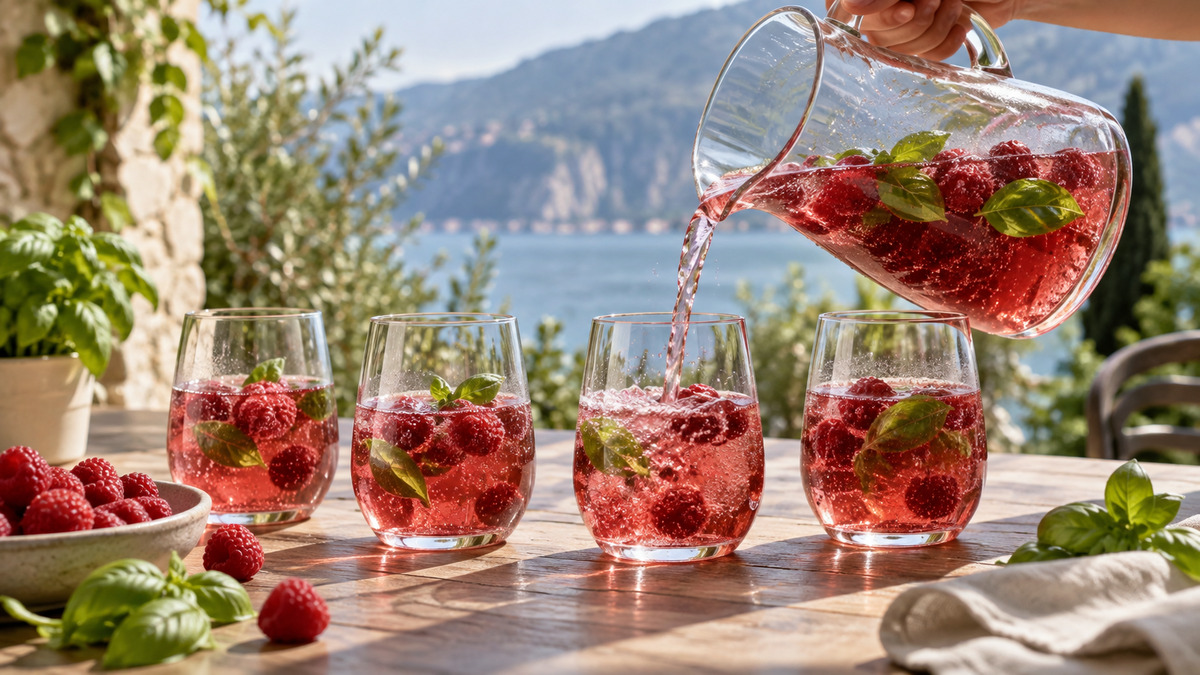 Himbeer-Basilikum-Spritz: Alternative Anrichtung oder aktive Servierszene.