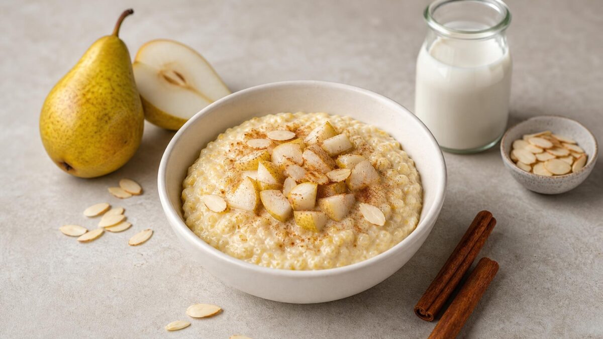 Hauptansicht des fertigen Gerichts. Rezept: Hirsebrei mit Birne und Zimt