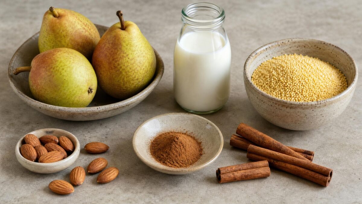 Zutaten- und Vorbereitungsansicht zum Rezept. Rezept: Hirsebrei mit Birne und Zimt