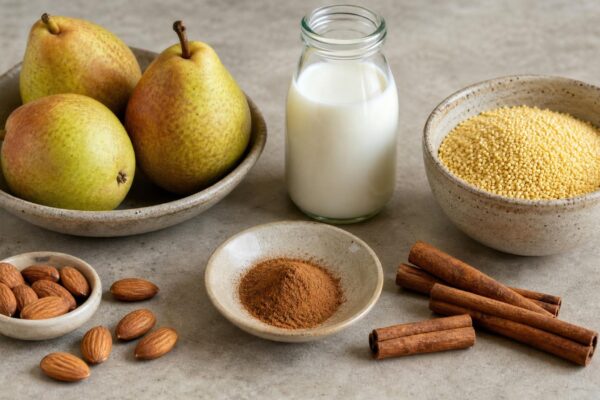 Zutaten- und Vorbereitungsansicht zum Rezept. Rezept: Hirsebrei mit Birne und Zimt