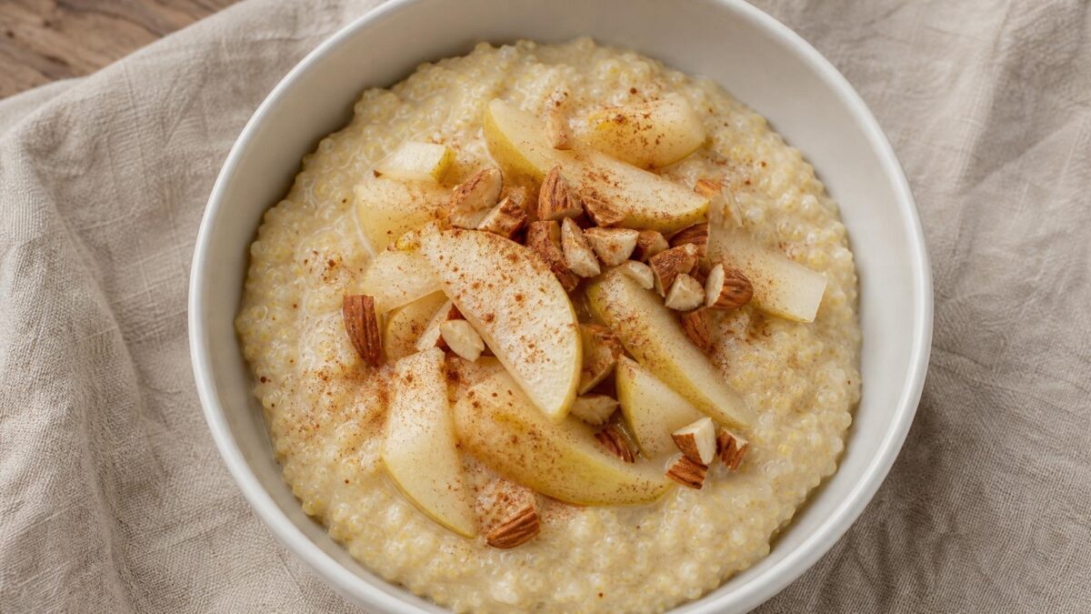 Fertiges Gericht aus einer alternativen Perspektive. Rezept: Hirsebrei mit Birne und Zimt