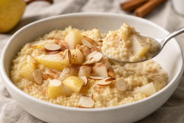 Servierszene mit dem fertigen Gericht. Rezept: Hirsebrei mit Birne und Zimt