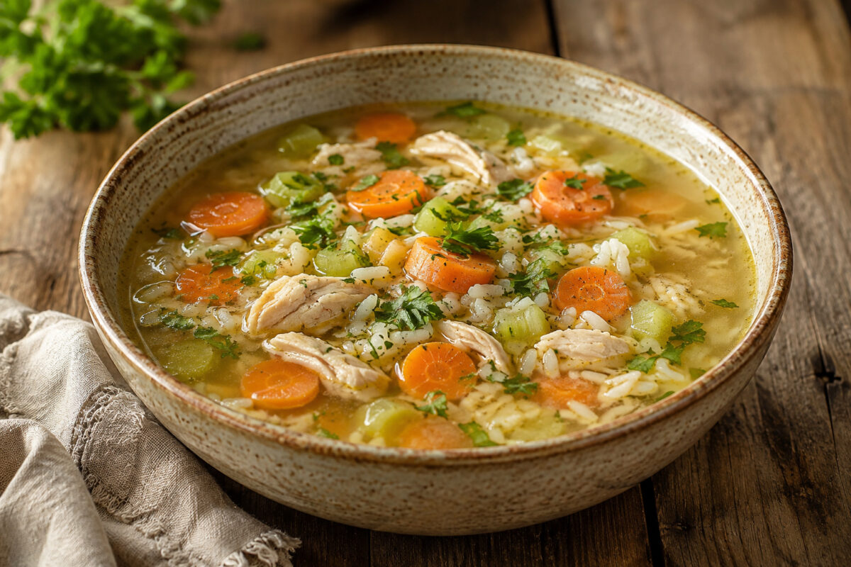 Fertige Hühnersuppe mit Gemüse, Reis und Hähnchen in rustikaler Schale; Hauptansicht.