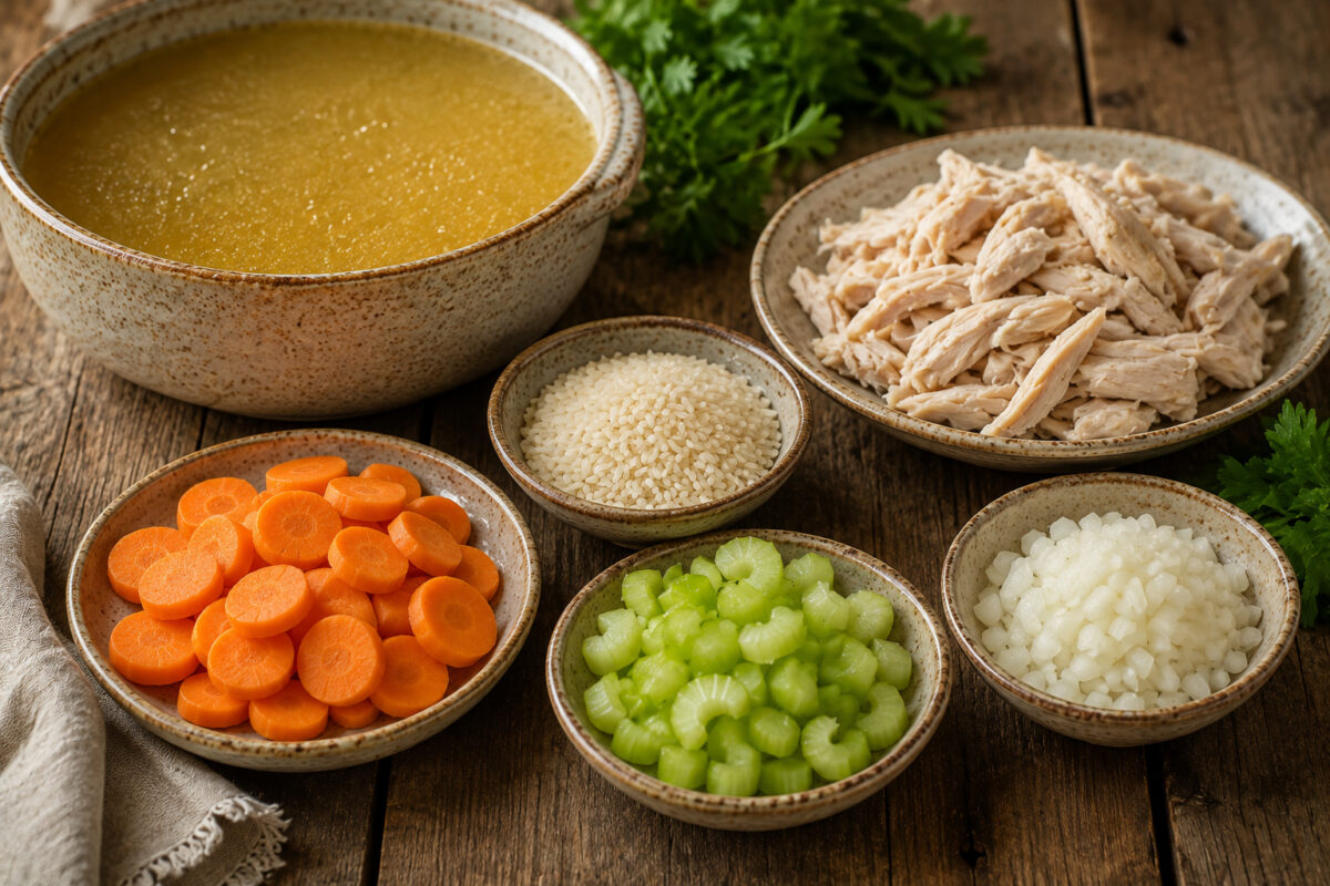 Zutaten- und Vorbereitungsansicht mit Brühe, Hähnchen, Reis, Möhren, Sellerie, Zwiebel und Petersilie.