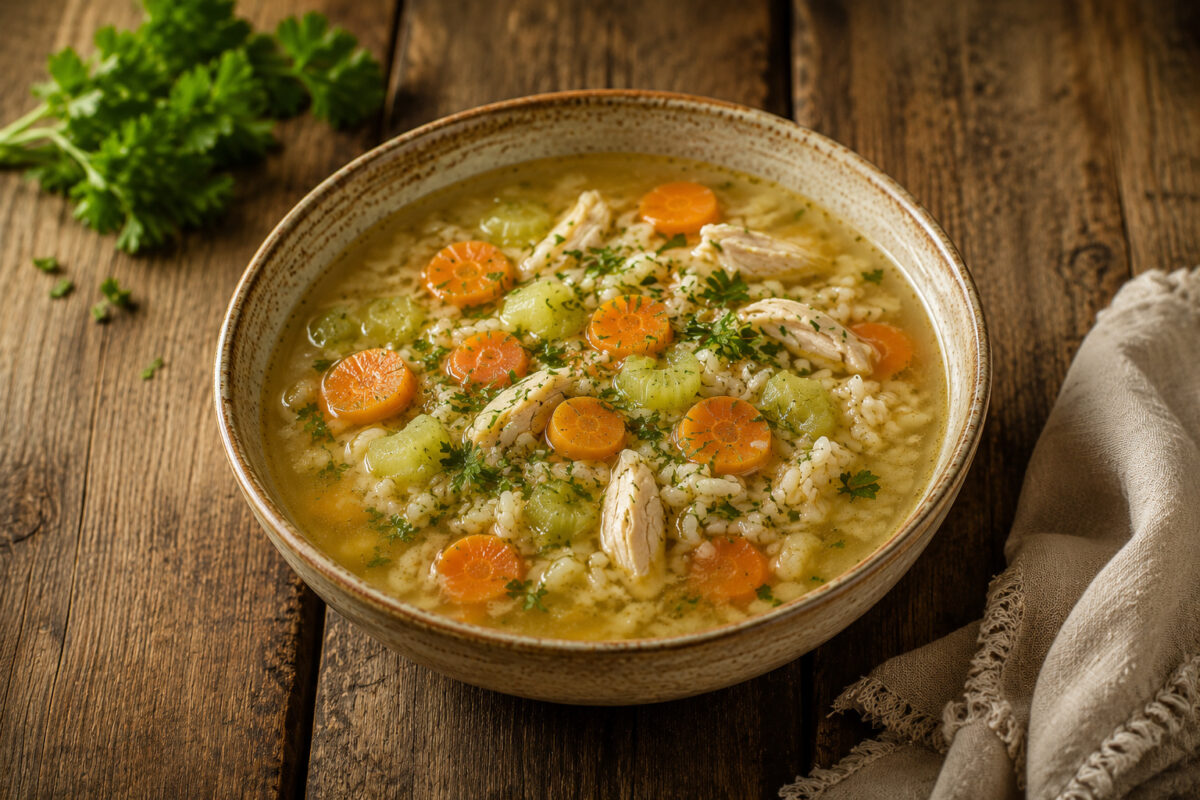 Fertige Hühnersuppe mit Gemüse und Reis aus deutlich veränderter Perspektive.