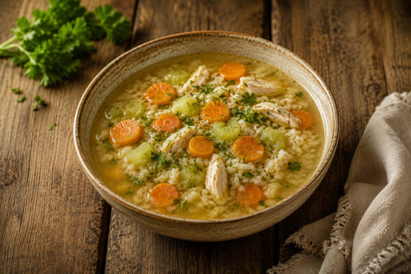 Fertige Hühnersuppe mit Gemüse und Reis aus deutlich veränderter Perspektive.