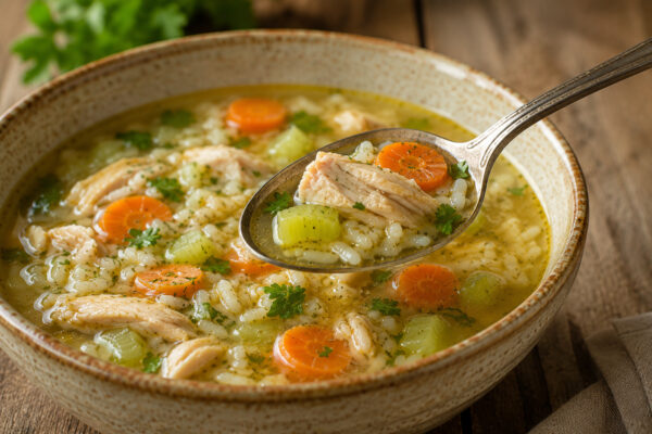 Servierdetail der fertigen Hühnersuppe mit Löffel, Hähnchen, Reis, Möhren und Sellerie.