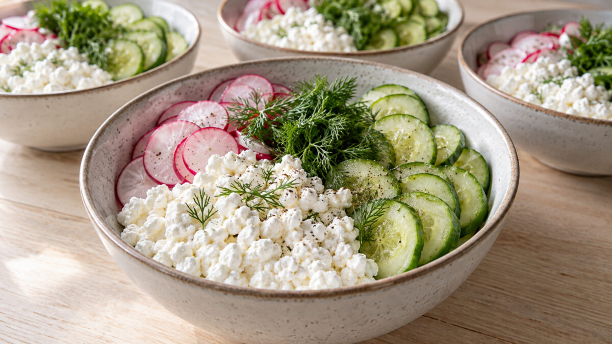 Hüttenkäse-Gurken-Bowl mit Dill und Radieschen