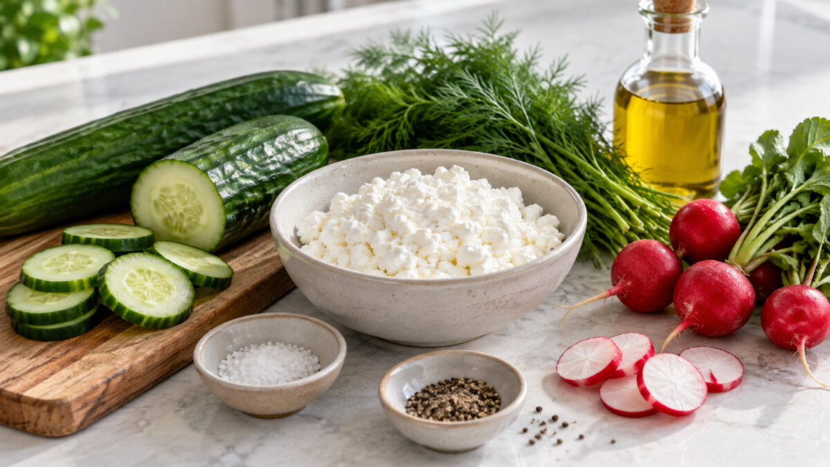 Hüttenkäse-Gurken-Bowl mit Dill und Radieschen