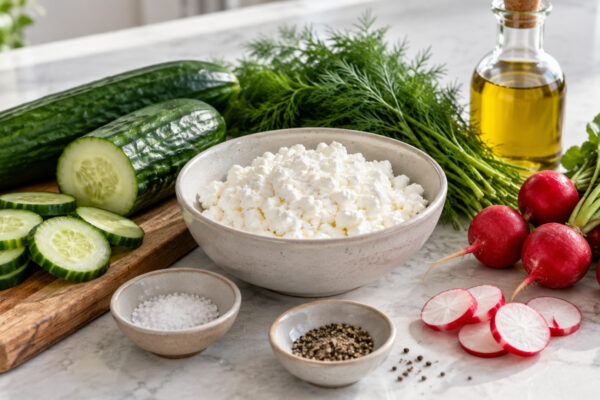 Hüttenkäse-Gurken-Bowl mit Dill und Radieschen