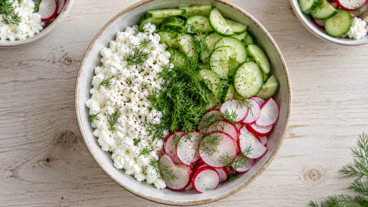 Hüttenkäse-Gurken-Bowl mit Dill und Radieschen