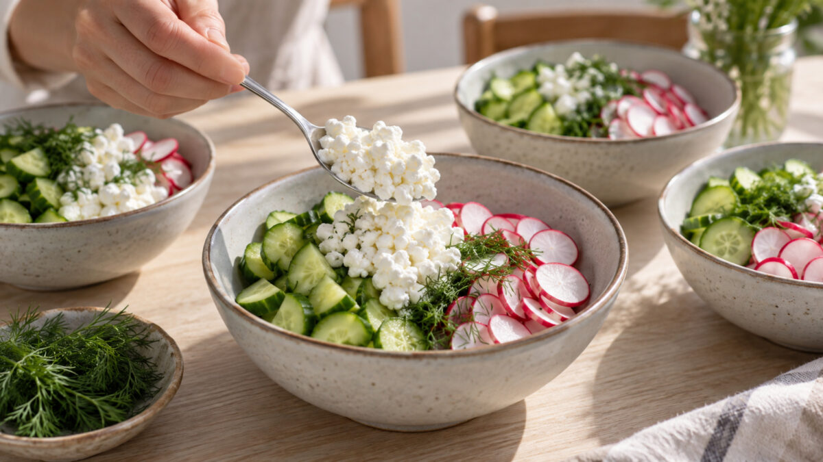 Hüttenkäse-Gurken-Bowl mit Dill und Radieschen