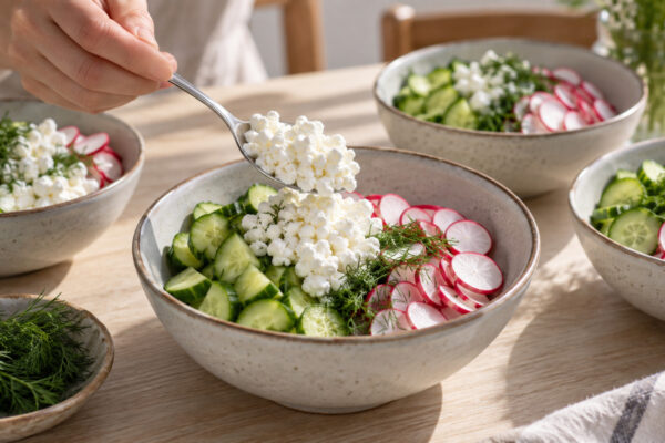 Hüttenkäse-Gurken-Bowl mit Dill und Radieschen