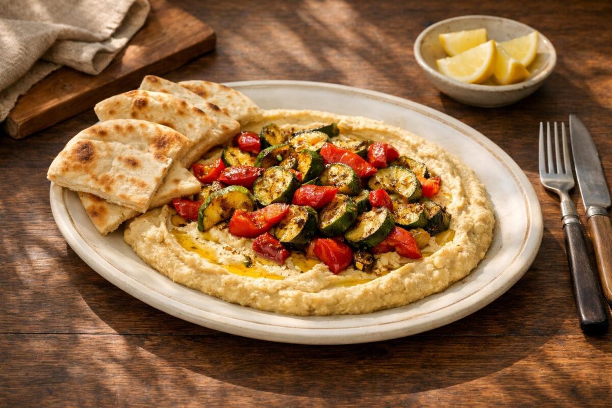 Hauptansicht des fertigen Gerichts. Rezept: Hummus mit geröstetem Gemüse und Fladenbrot