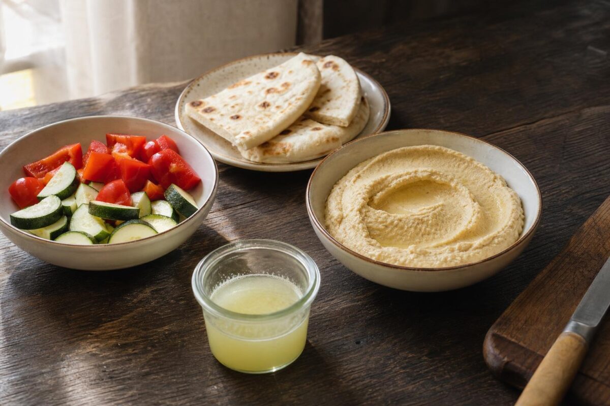Zutaten- und Vorbereitungsansicht. Rezept: Hummus mit geröstetem Gemüse und Fladenbrot