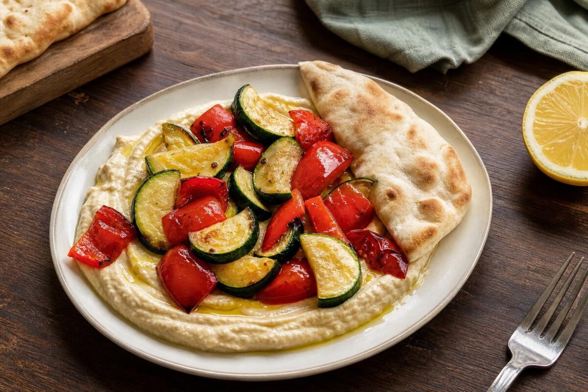 Fertiges Gericht aus einer alternativen Perspektive. Rezept: Hummus mit geröstetem Gemüse und Fladenbrot