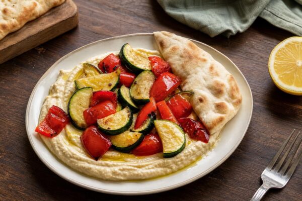 Fertiges Gericht aus einer alternativen Perspektive. Rezept: Hummus mit geröstetem Gemüse und Fladenbrot