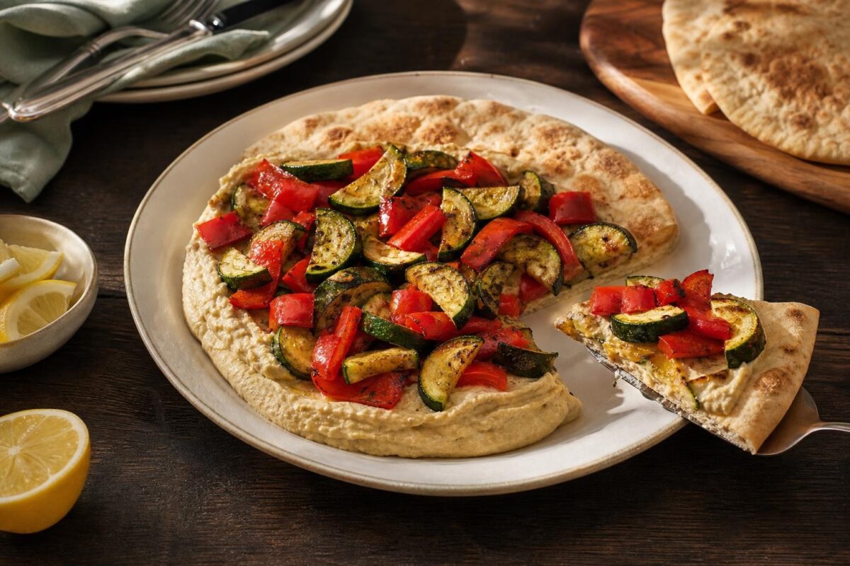 Servierszene mit dem fertigen Gericht. Rezept: Hummus mit geröstetem Gemüse und Fladenbrot