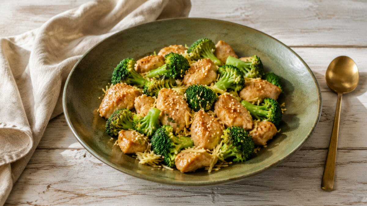 Hauptansicht des fertigen Gerichts. Rezept: Ingwer-Hähnchen mit Brokkoli und Sesam