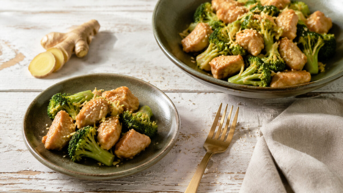 Servierszene mit dem fertigen Gericht. Rezept: Ingwer-Hähnchen mit Brokkoli und Sesam