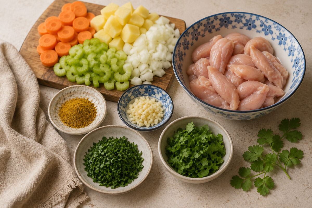 Vorbereitungsansicht mit Hähnchen, Karotten, Kartoffeln, Sellerie, Zwiebel, Knoblauch, Kräutern und Hawaij.