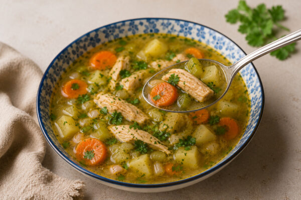 Fertige Suppe mit angehobenem Löffel als eigenständige Servier- und Detailansicht.