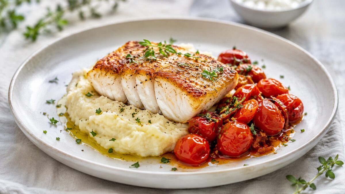 Hauptansicht des fertigen Gerichts: Kabeljaufilet, Kartoffeln und Tomaten als komponierter Teller; die Komponenten dürfen sich leicht berühren, müssen aber einzeln deutlich erkennbar bleiben. Keine Bowl und keine homogene One-Pot-Mischung. Das gesamte Ge…