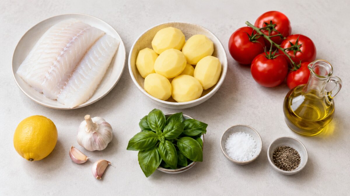 Übersicht aller Zutaten für „Kabeljau auf Kartoffelstampf mit geschmorten Tomaten“ auf heller Arbeitsfläche, sauber gruppiert, ohne Verpackungsschrift und ohne fertiges Gericht.