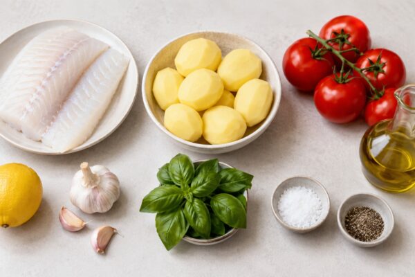 Übersicht aller Zutaten für „Kabeljau auf Kartoffelstampf mit geschmorten Tomaten“ auf heller Arbeitsfläche, sauber gruppiert, ohne Verpackungsschrift und ohne fertiges Gericht.