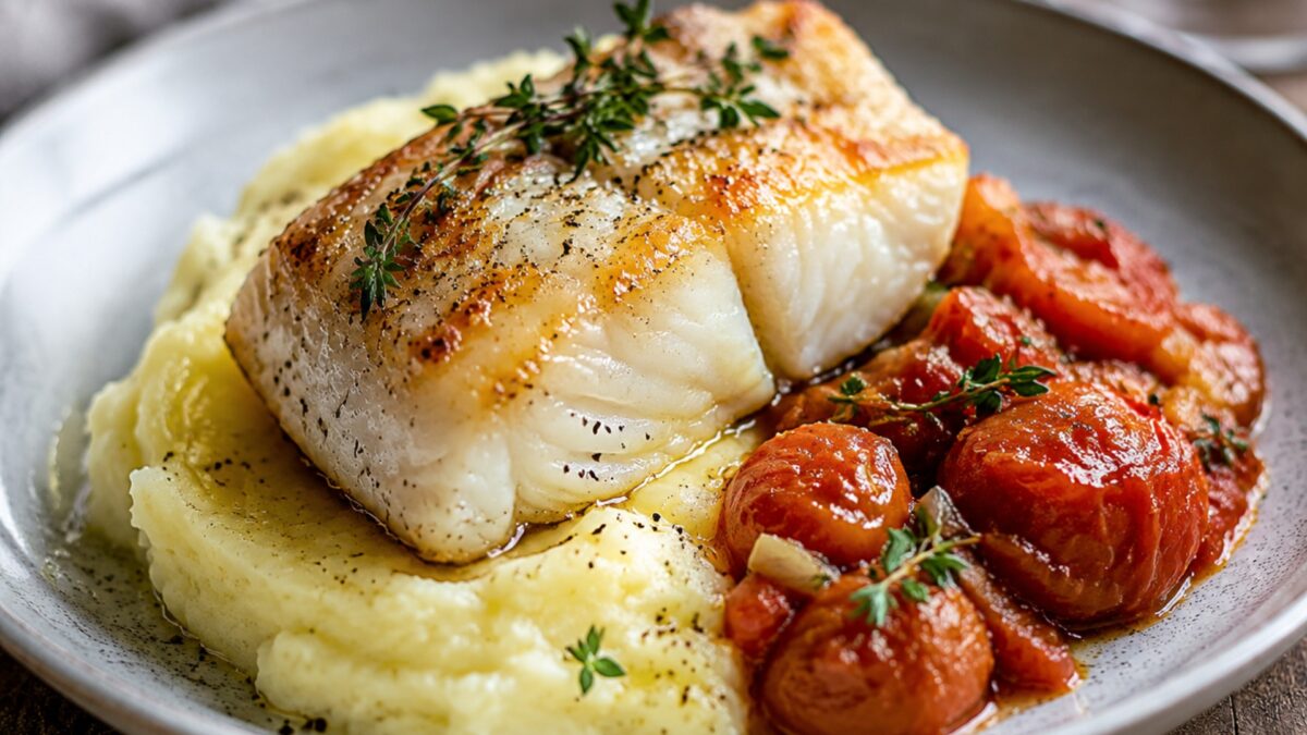 Alternative Perspektive des fertigen Gerichts: Kabeljaufilet, Kartoffeln und Tomaten als komponierter Teller; die Komponenten dürfen sich leicht berühren, müssen aber einzeln deutlich erkennbar bleiben. Keine Bowl und keine homogene One-Pot-Mischung. Etw…