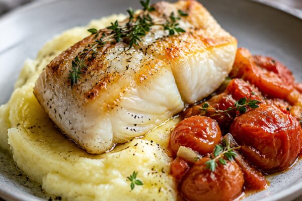 Alternative Perspektive des fertigen Gerichts: Kabeljaufilet, Kartoffeln und Tomaten als komponierter Teller; die Komponenten dürfen sich leicht berühren, müssen aber einzeln deutlich erkennbar bleiben. Keine Bowl und keine homogene One-Pot-Mischung. Etw…