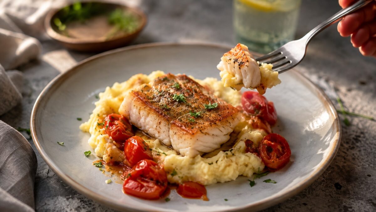 Lebendige Servierszene für „Kabeljau auf Kartoffelstampf mit geschmorten Tomaten“: eine Gabel oder ein Besteckteil nimmt gerade eine Portion auf; Kabeljaufilet, Kartoffeln und Tomaten bleiben trotzdem klar erkennbar.