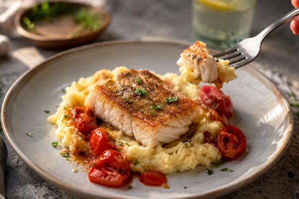 Lebendige Servierszene für „Kabeljau auf Kartoffelstampf mit geschmorten Tomaten“: eine Gabel oder ein Besteckteil nimmt gerade eine Portion auf; Kabeljaufilet, Kartoffeln und Tomaten bleiben trotzdem klar erkennbar.