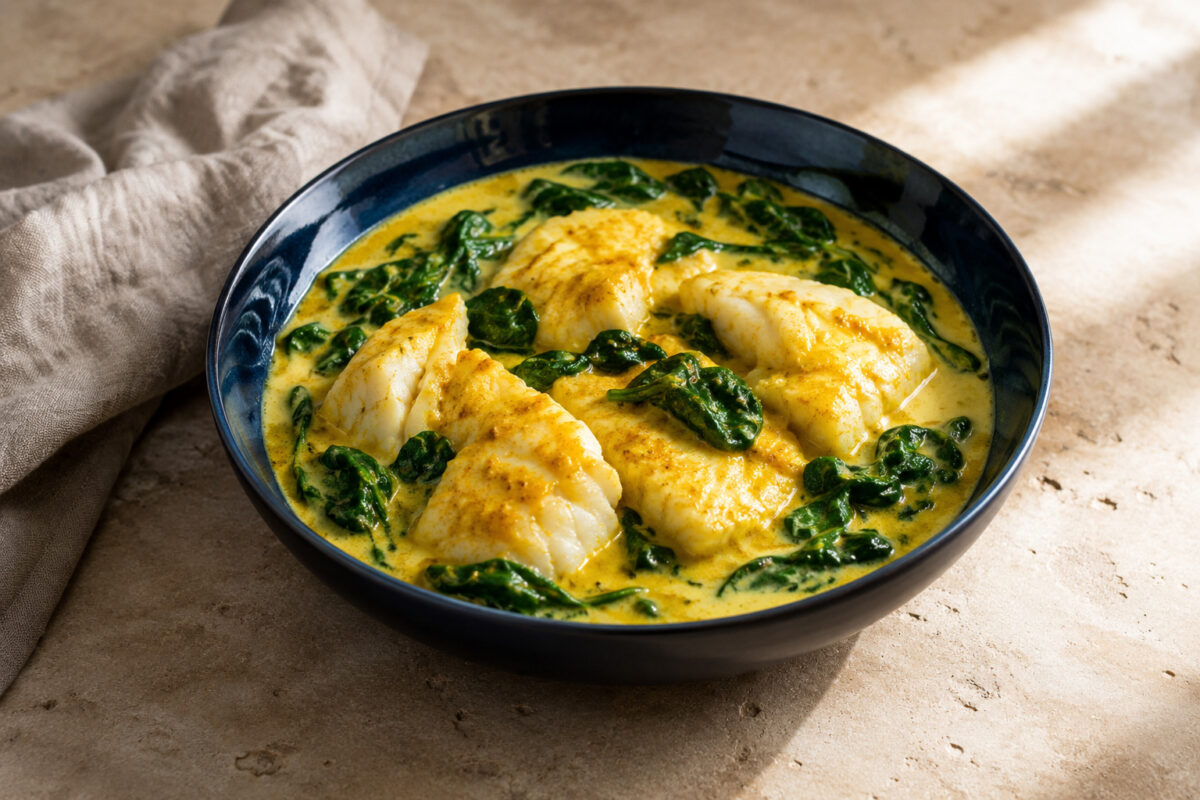Hauptansicht des fertigen Gerichts. Rezept: Kabeljau-Curry mit Kokosmilch und Spinat