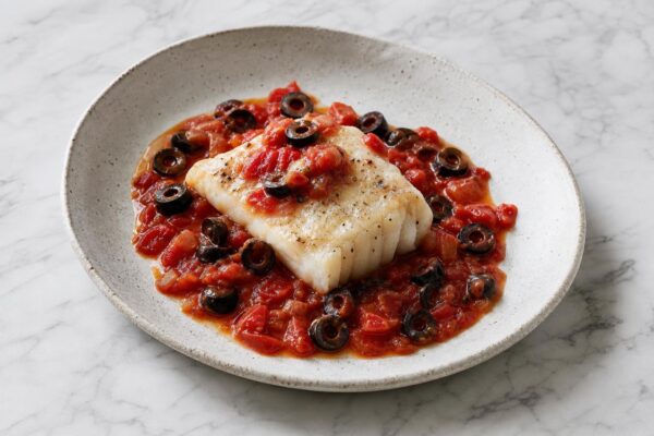 Fertiges Gericht aus einer alternativen Perspektive. Rezept: Kabeljau mit Tomaten-Oliven-Sauce
